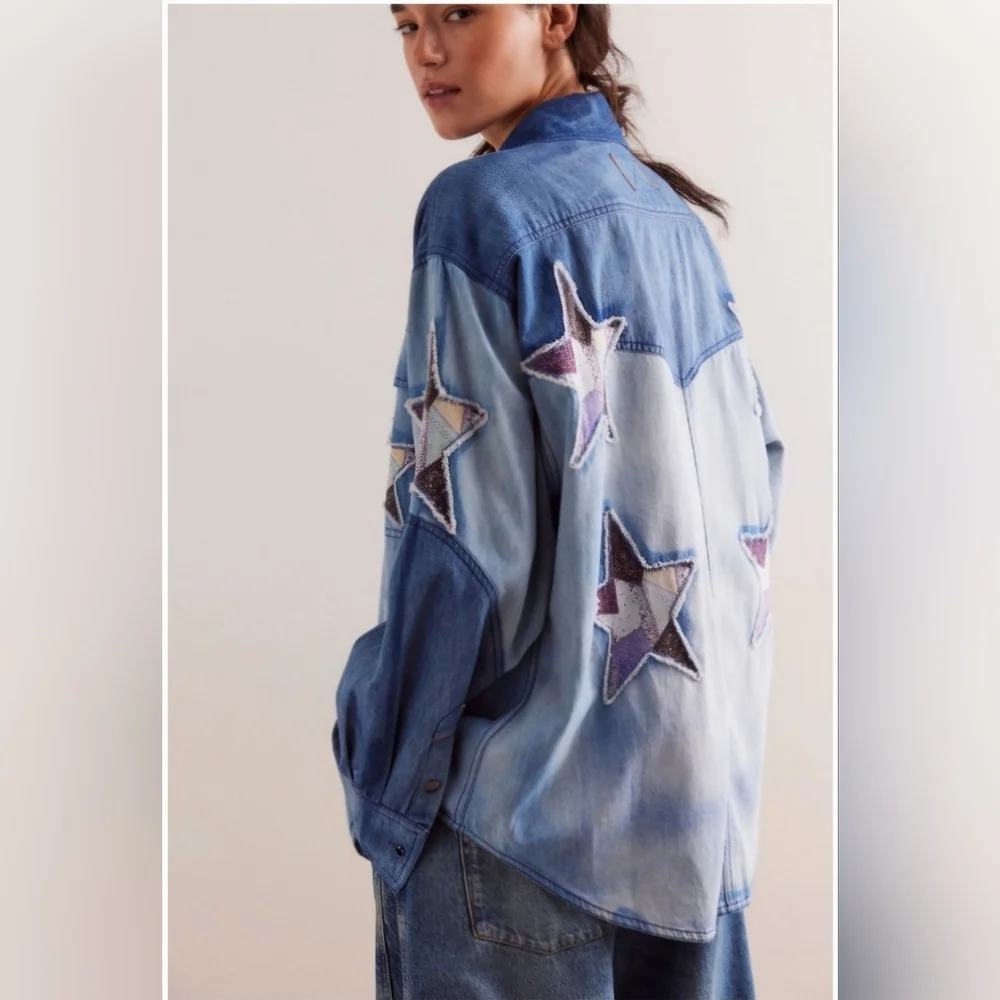 WE THE FREE PEOPLE THE STARS DENIM TOP 🌟 - Picture 7 of 8